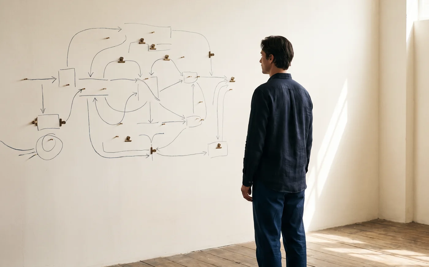 Una persona analiza un diagrama de procesos en una pared