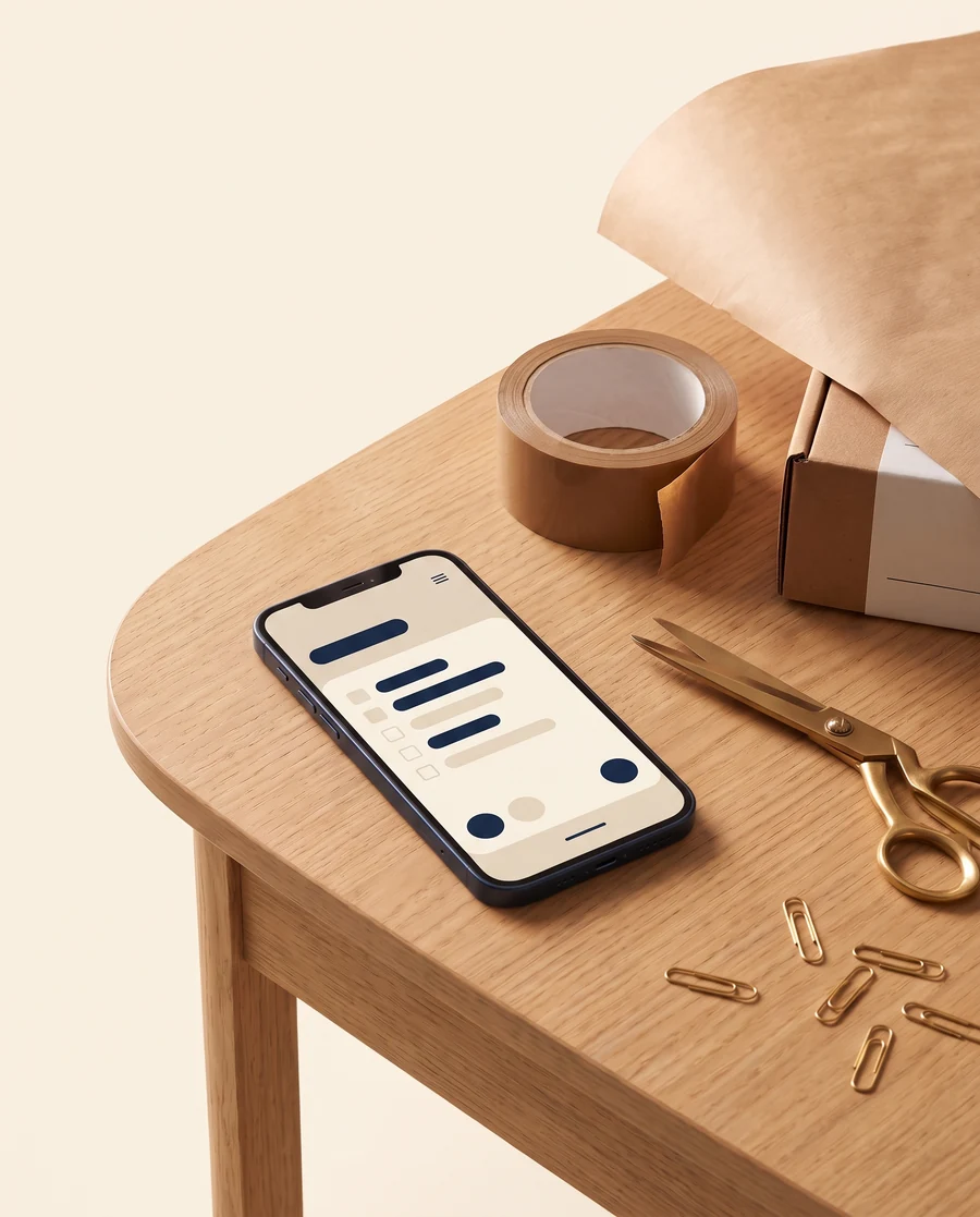 Un teléfono con una lista de tareas junto a un paquete listo para enviar, sobre un escritorio de madera